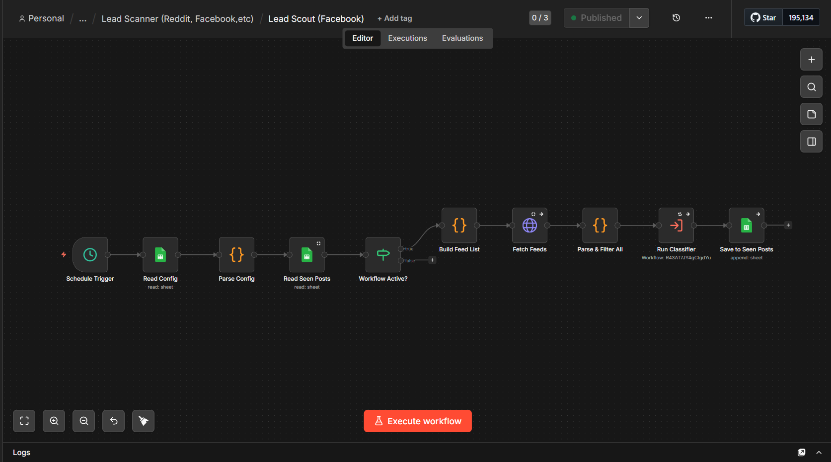 n8n canvas for the lead scout parent pipeline