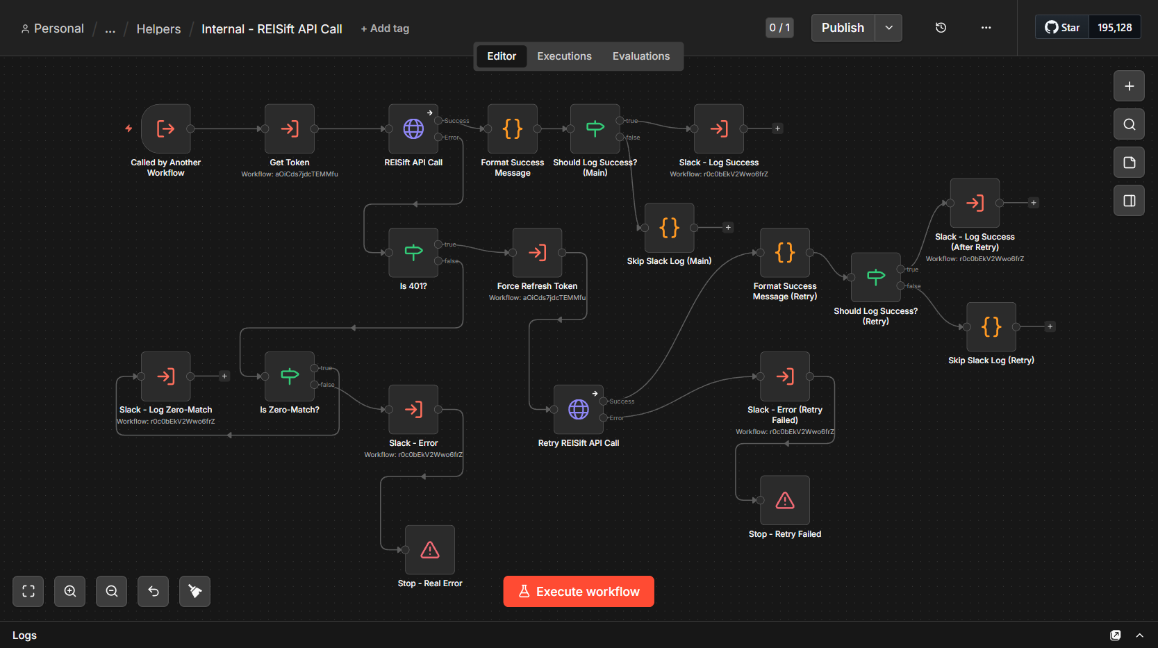 n8n canvas for the centralized API helper workflow